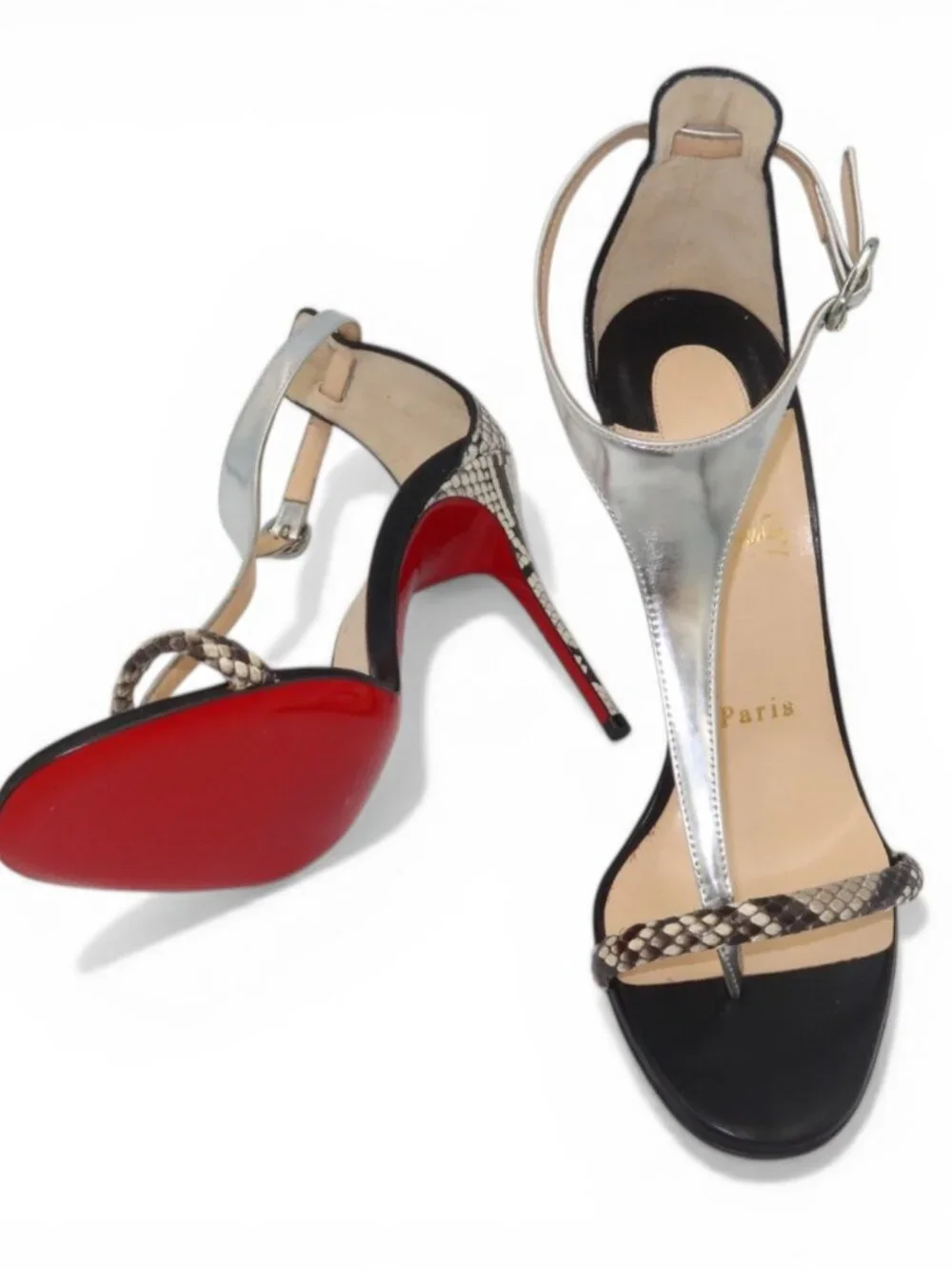 Christian Louboutin Athina Python T Strap Sandals Black Silver Size 37.5 - Picture 14 of 16